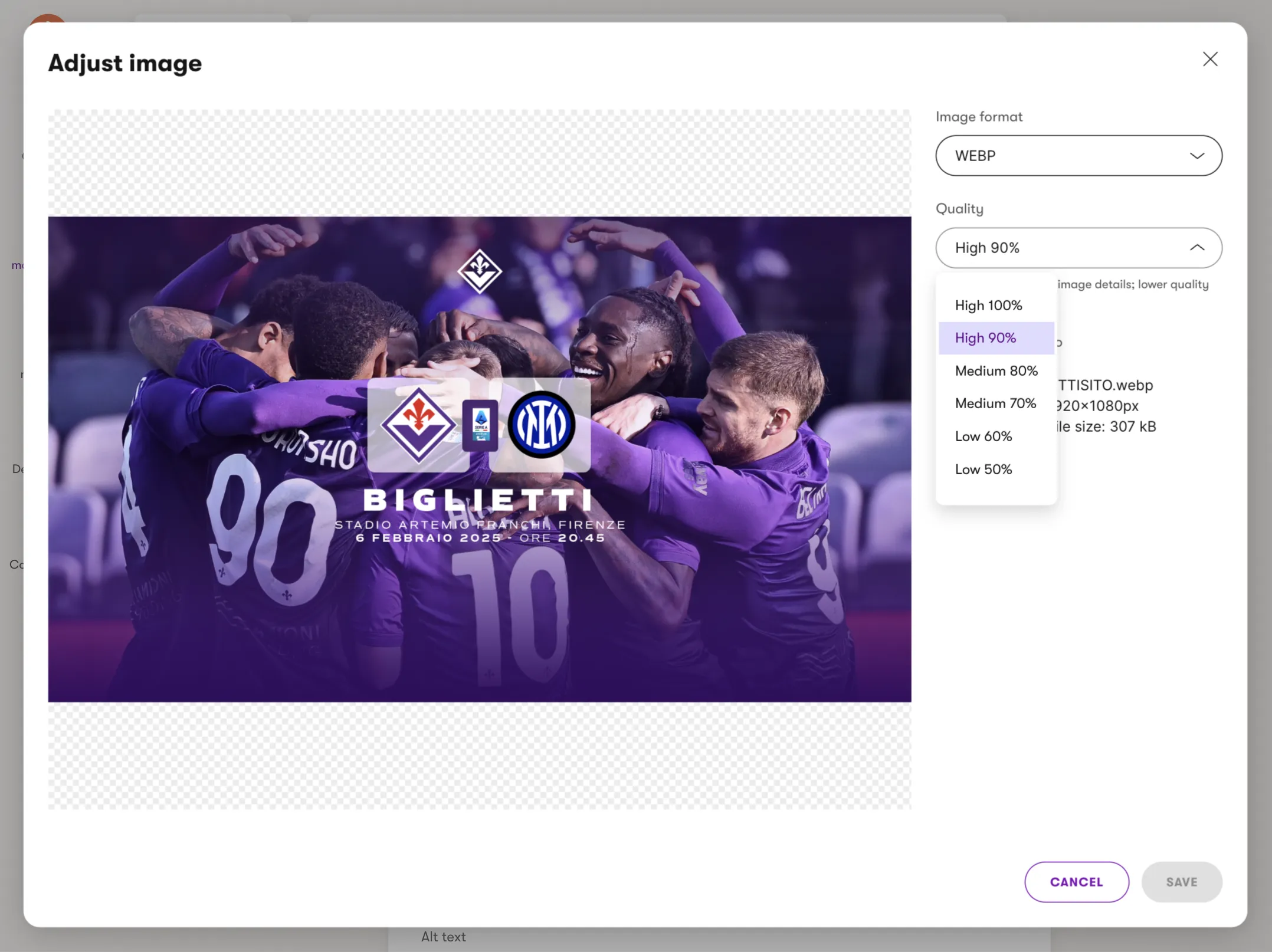 ACF Fiorentina. Ottimizzazione delle immagini per il web