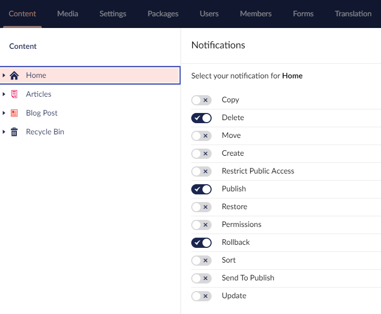 Notifications.png Umbraco Notifiche Seleziona le azioni