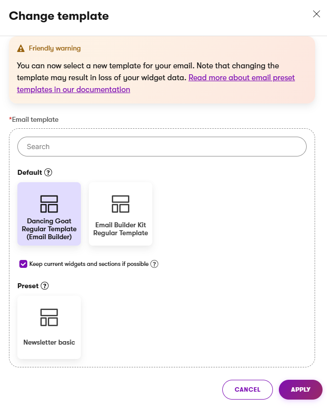 templateselectiondialog.png Xperience Template dell’Email Builder Modificare i template di email esistenti Cambio template