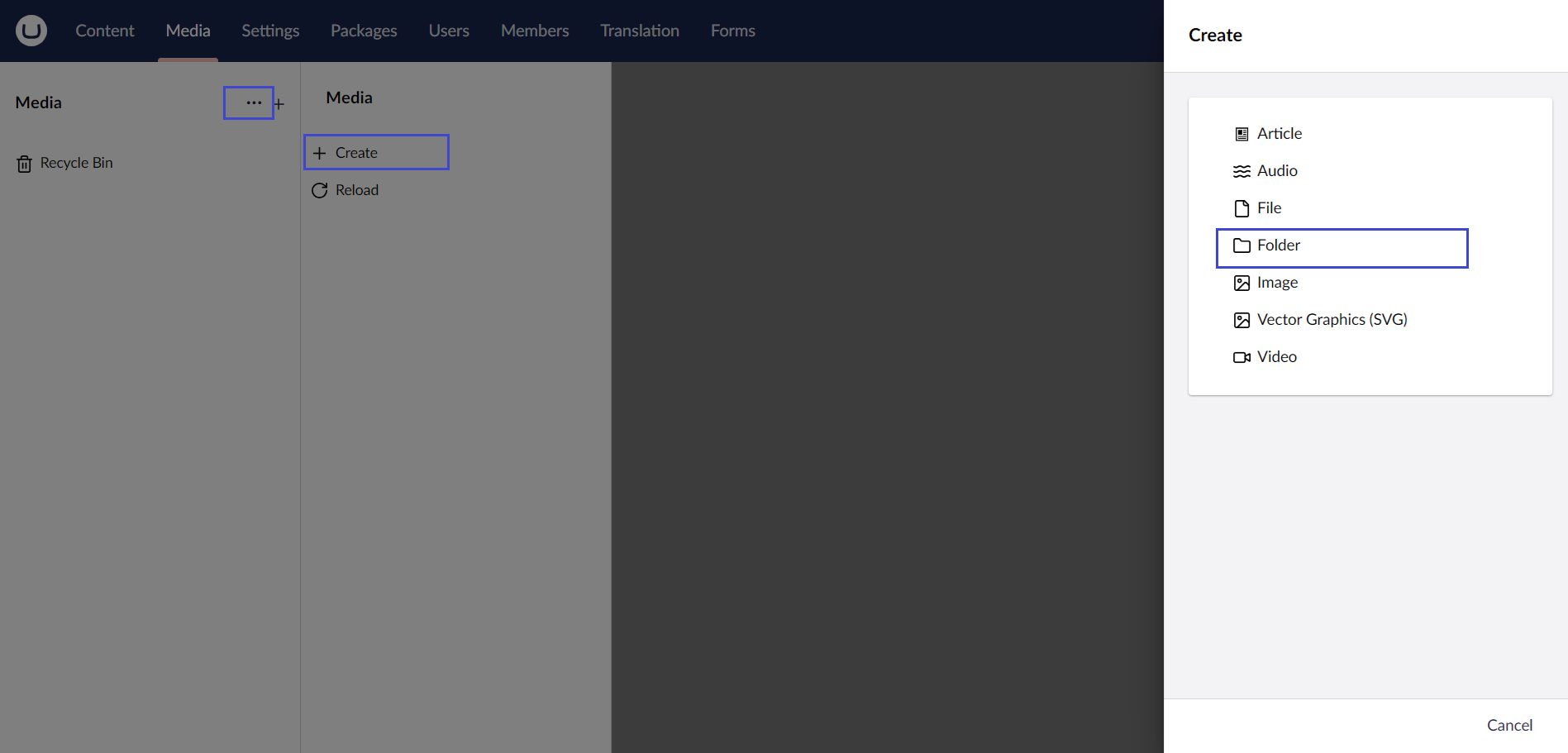 Create-Folder.png Umbraco Lavorare con le cartelle Creare una cartella