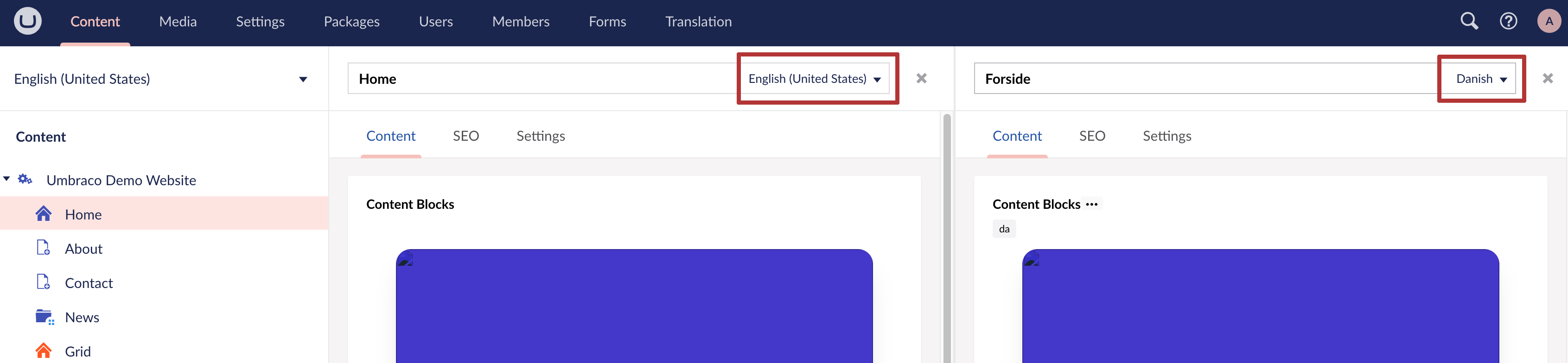 Language-Split-View-001.png Umbraco Lingue Visualizzazione divisa per confrontare due lingue Divisione della schermata