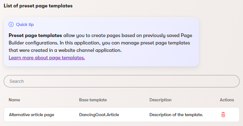 Xperience Gestire page template predefiniti