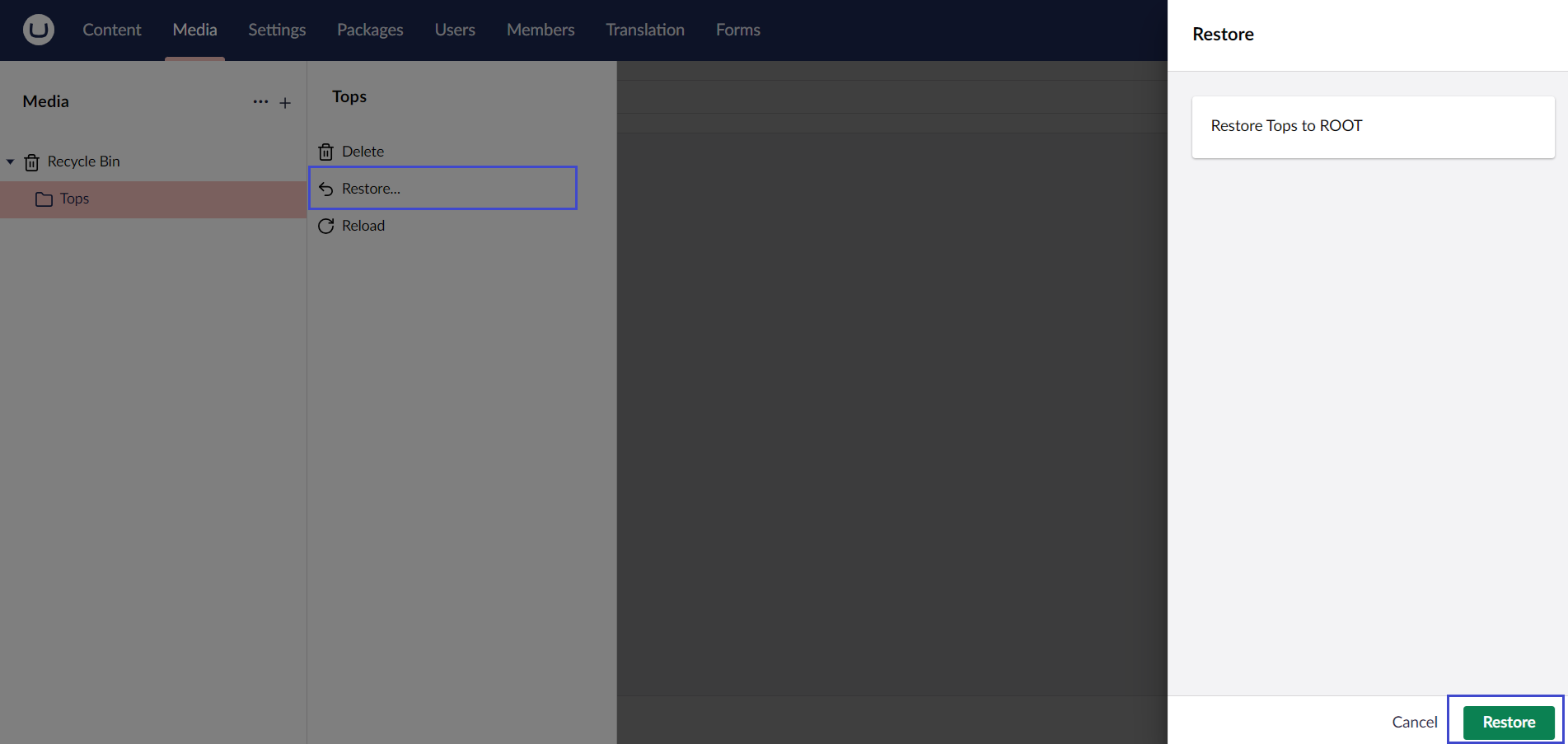 Restore-Folder.png Umbraco Lavorare con le cartelle Ripristinare una cartella dal cestino Schermata di ripristino
