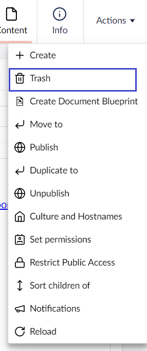 Delete-Menu-2.png Umbraco Eliminare e ripristinare pagine Eliminare una pagina Cestino
