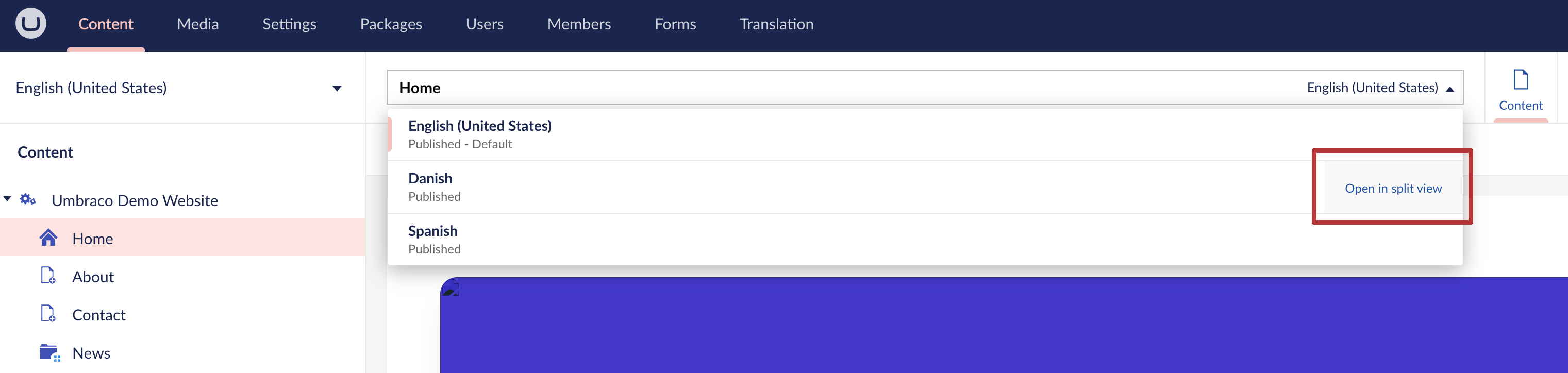 Language-Split-View.png Umbraco Lingue Visualizzazione divisa per confrontare due lingue