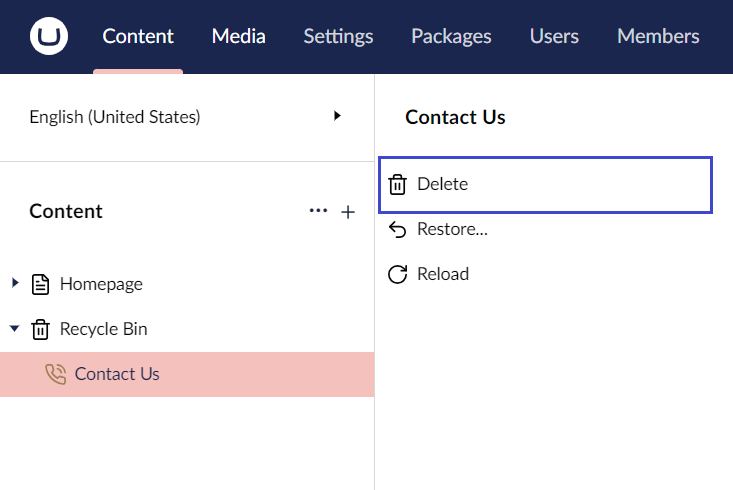 Delete-single-page.png Umbraco Eliminare e ripristinare pagine Svuotare il cestino Eliminare dal cestino