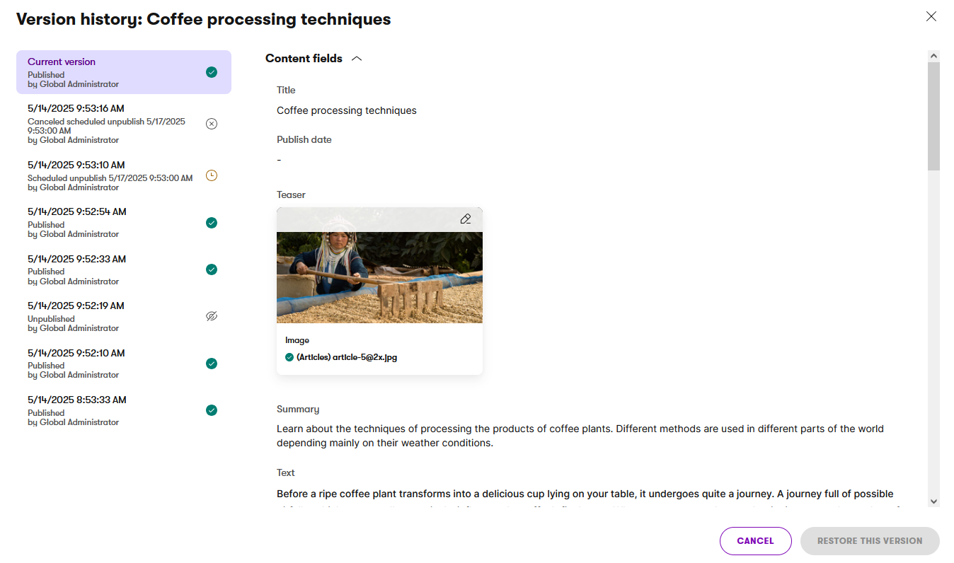 version-history.png Xperience Versionamento dei contenuti Cronologia delle versioni
