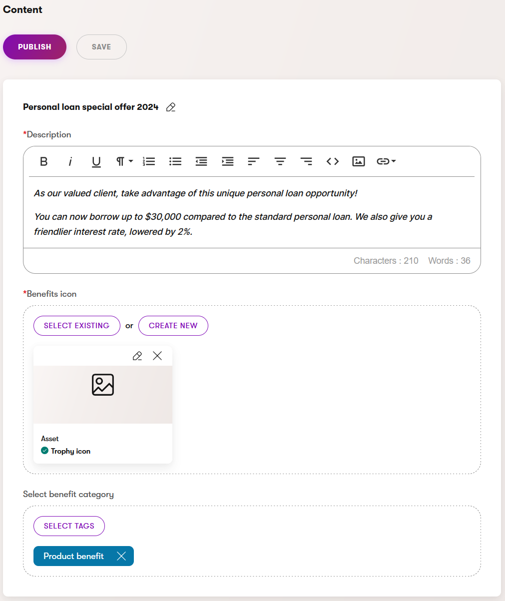 Xperience Creare una landing page a partire dai componenti della pagina Comunica i vantaggi ai visitatori Categoria Product benefit