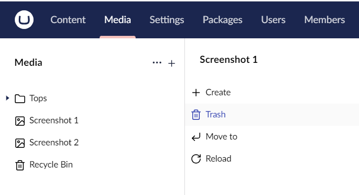 Deleting-a-Media-Item.png Umbraco Lavorare con i Tipi di Media Eliminare un elemento media