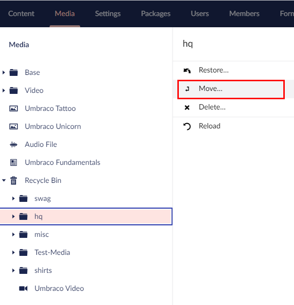 Move-Folder.png Umbraco Lavorare con le cartelle Ripristinare una cartella dal cestino Spostare una cartella dal cestino