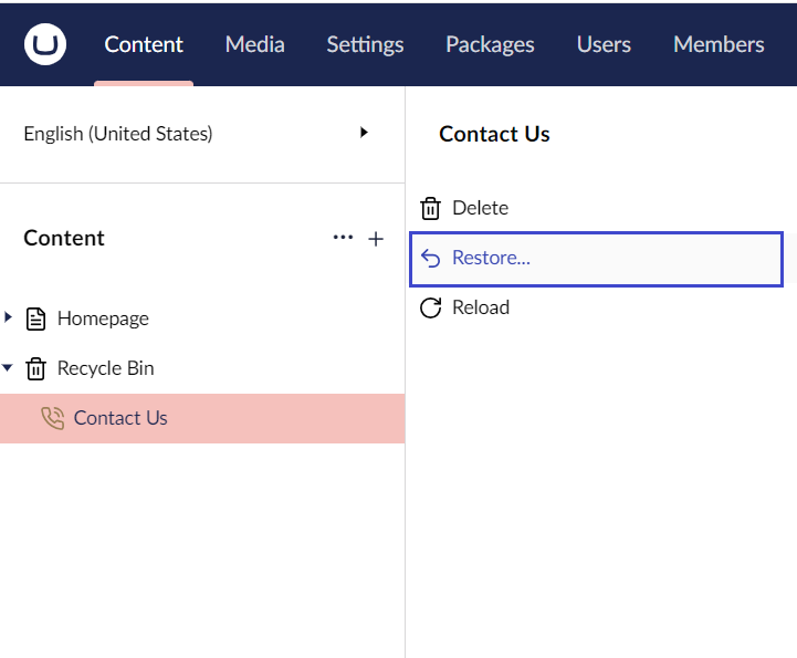 Move-Menu-1.png Umbraco Eliminare e ripristinare pagine Ripristinare una pagina eliminata dal cestino