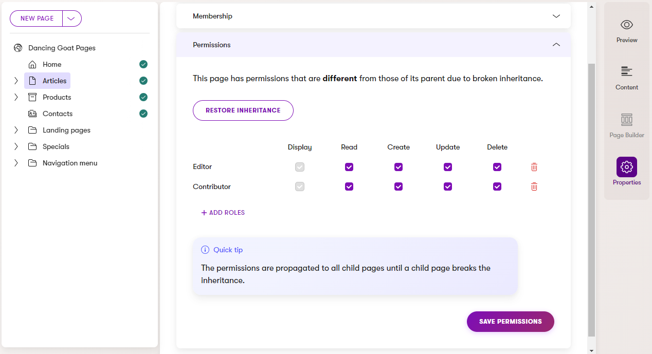 Xperience Modificare i permessi delle pagine