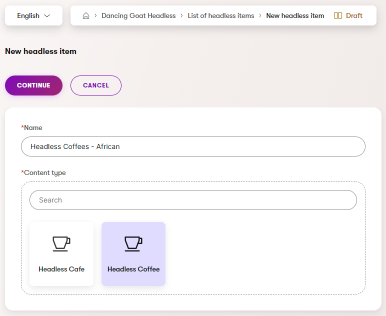 Xperience Creare elementi headless Seleziona content type