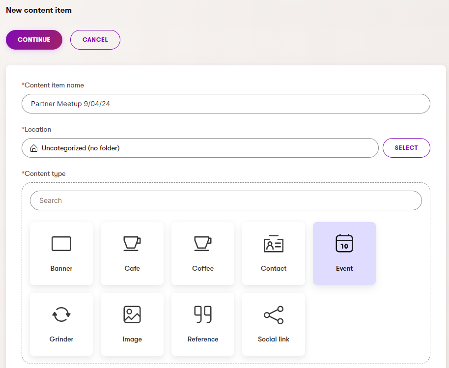 Xperience Scegli il Content type del nuovo content item