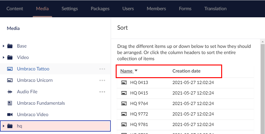 Sort-Items.png Umbraco Lavorare con le cartelle Ordinare i contenuti di una cartella Pannello