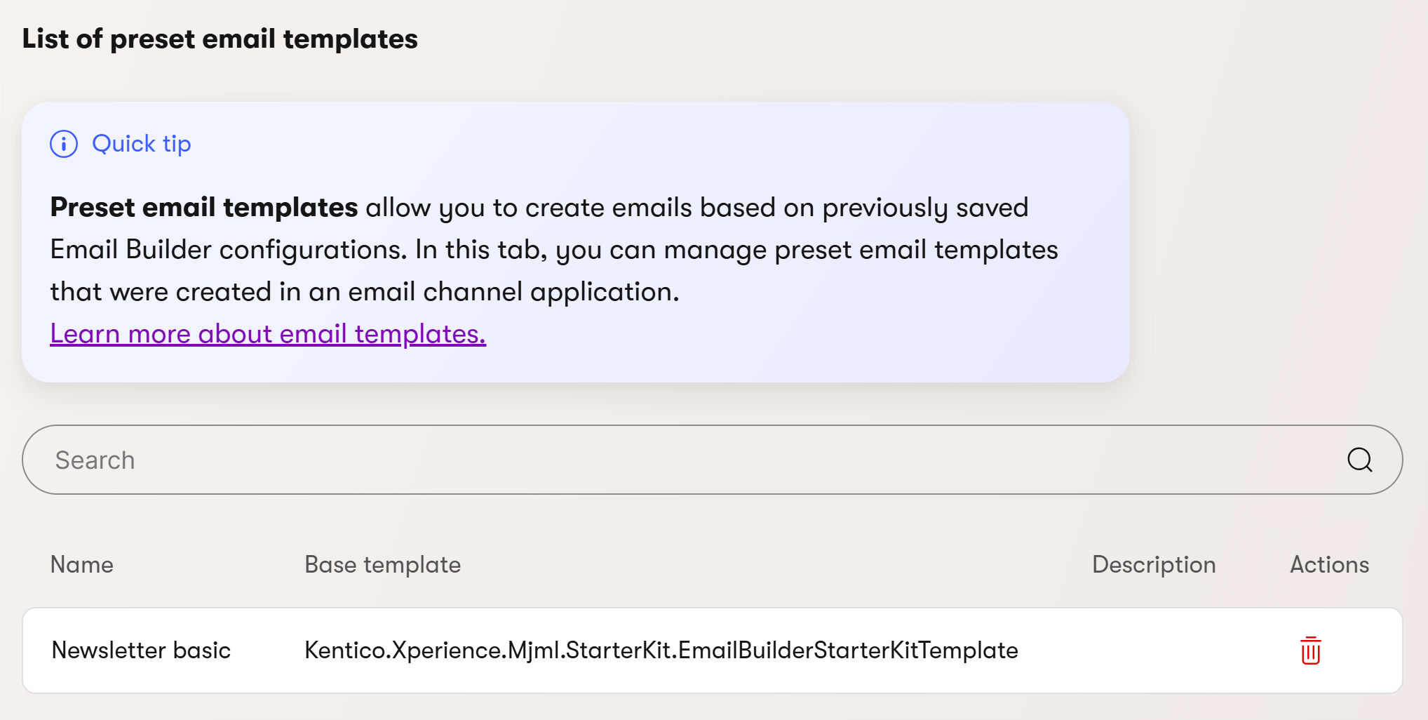 presetemailtemplates.png Xperience Template dell’Email Builder Gestire i template email predefiniti
