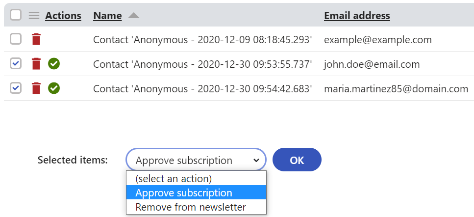 recipients_actions.png XTR K13 Gestione dei destinatari delle email di marketing Rimozione e approvazione dei destinatari in una singola newsletter