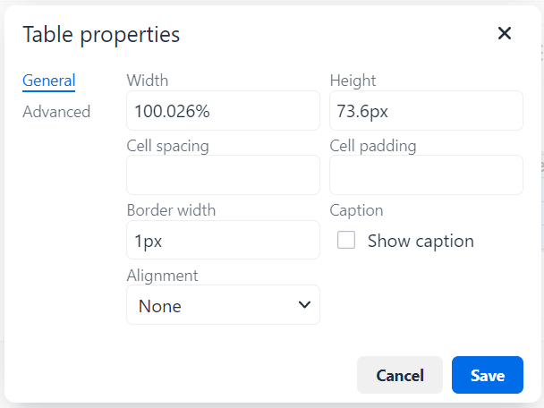 Table-Properties.png Umbraco Lavorare con il Rich Text Editor Tabelle Proprietà della tabella