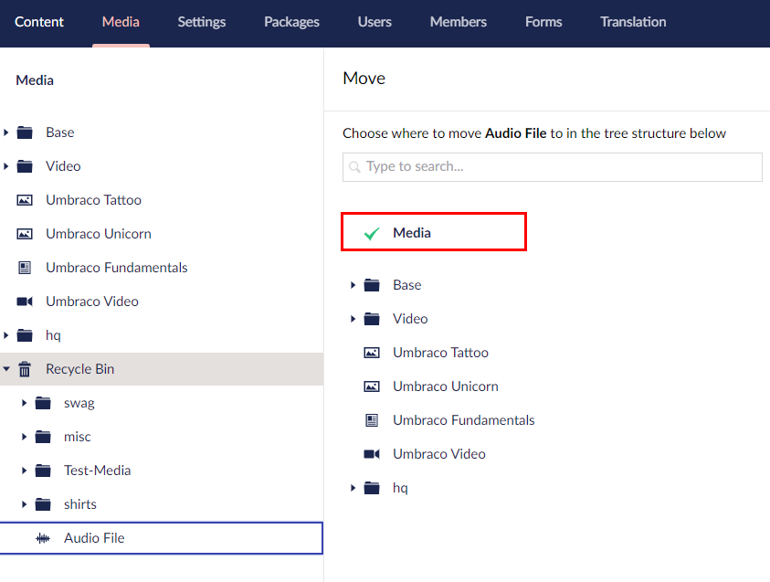 Move-Media_1.png Umbraco Lavorare con i Tipi di Media Spostare un'immagine o un file Selezionare la destinazione