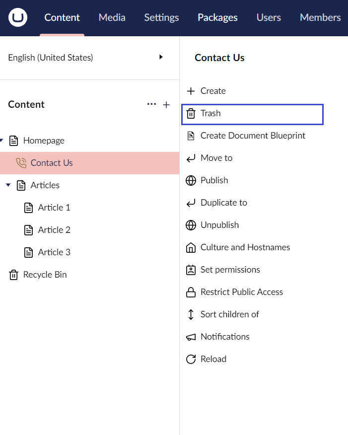 Delete-Menu-1.png Umbraco Eliminare e ripristinare pagine Eliminare una pagina