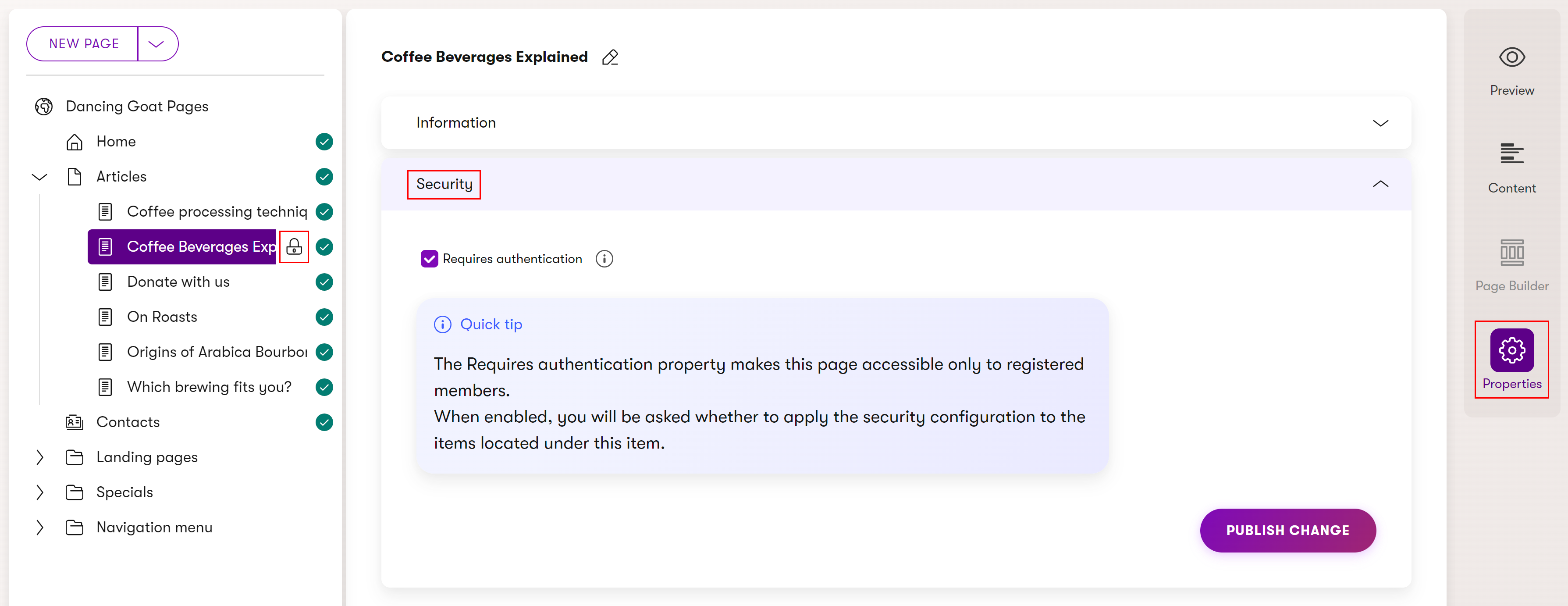 Xperience Proteggere pagine Proprietà di sicurezza