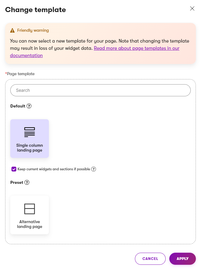 Xperience Modificare template delle pagine esistenti Selezione template