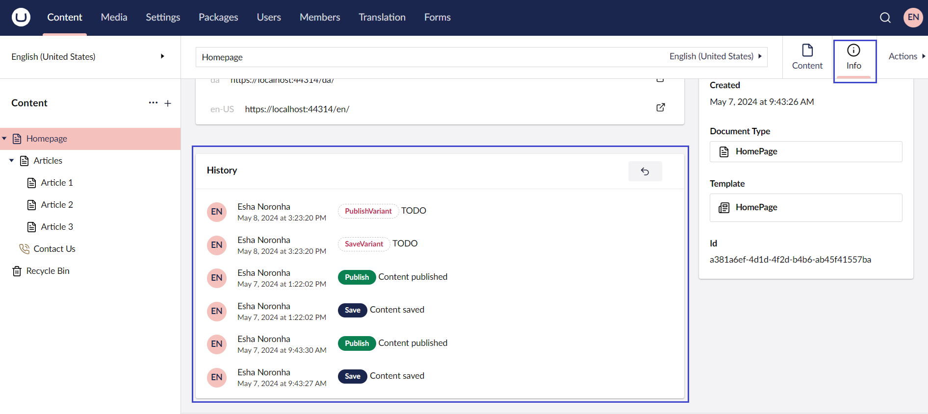 View-audit-Trail.png Umbraco Registro delle attività (Audit Trail) Scheda Info