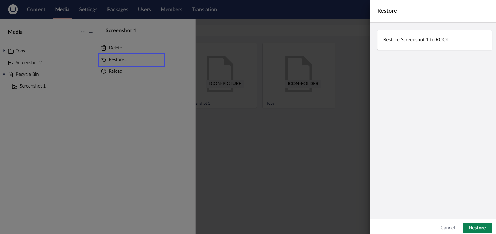 Restore-Folder_1.png Umbraco Lavorare con i Tipi di Media Ripristinare un elemento media dal cestino Dettaglio