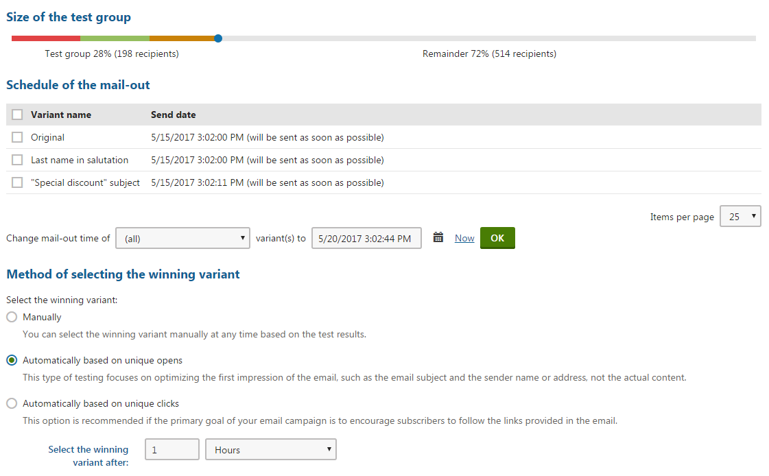 SettingUpVariantSend.png XTR K13 Test A/B delle email di marketing Email standard