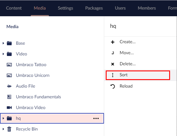 Sort-Folder.png Umbraco Lavorare con le cartelle Ordinare i contenuti di una cartella