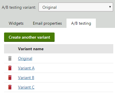 EmailBuilderVariantListing.png XTR K13 Test A/B delle email di marketing Creazione di A/B test per le email di marketing Variants