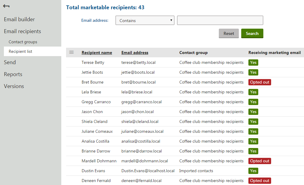CampaignEmailRecipientsList.png XTR K13 Invio di email di marketing Aggiunta di destinatari alle campagne email Recipient list