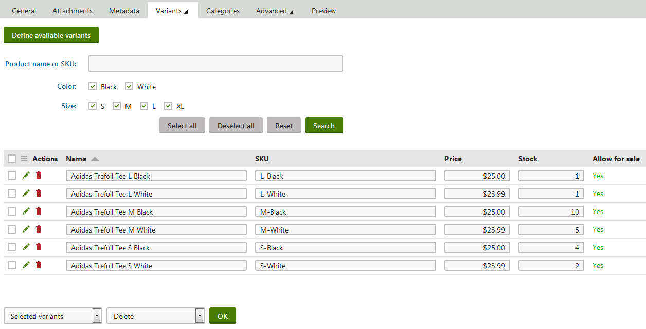 available_variants.png XTR K13 Filtraggio delle varianti Opzioni