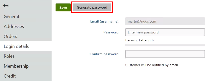 clicking_generate_password.png XTR K13 Reimpostare la password di un cliente Genera la password
