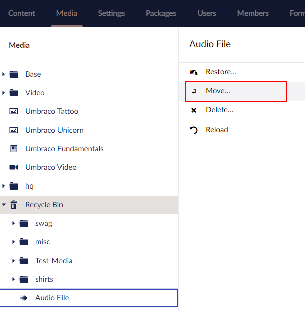 Move-media-items.png Umbraco Lavorare con i Tipi di Media Spostare un'immagine o un file