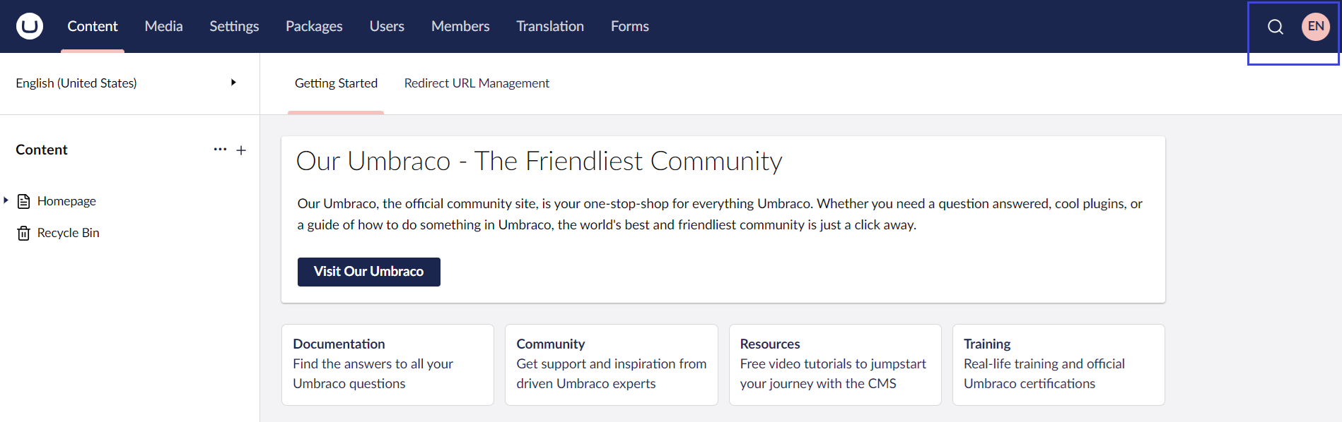 Search-help-and-profile.png Umbraco Ricerca, aiuto e impostazioni del profilo